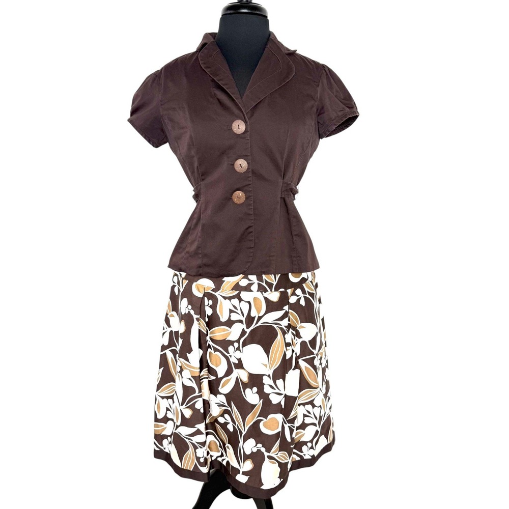 Vintage 2000s Brown Floral A-Line Top Skirt Set‎ Retro Office Cottagecore 12P